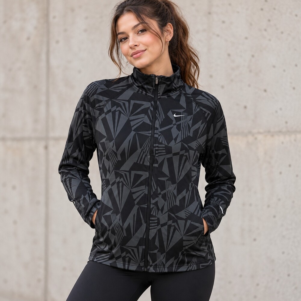Nike Women's 1X Black Gray Geometric Dri-FIT Full Zip Running Jacket 446266-010